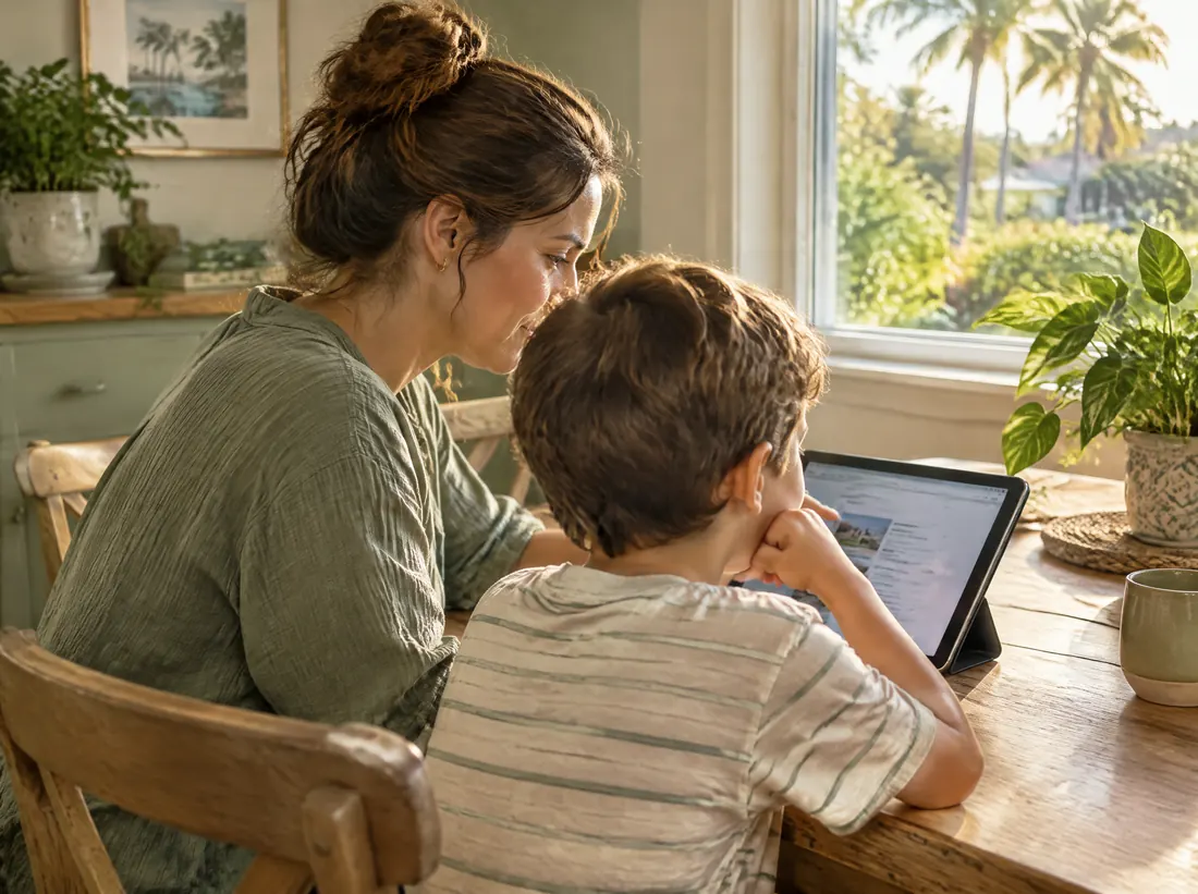 A mother and her son looking at a tablet together at a sunny kitchen table
