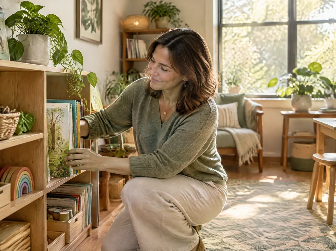 An educator arranging picture books in her bright tutoring studio